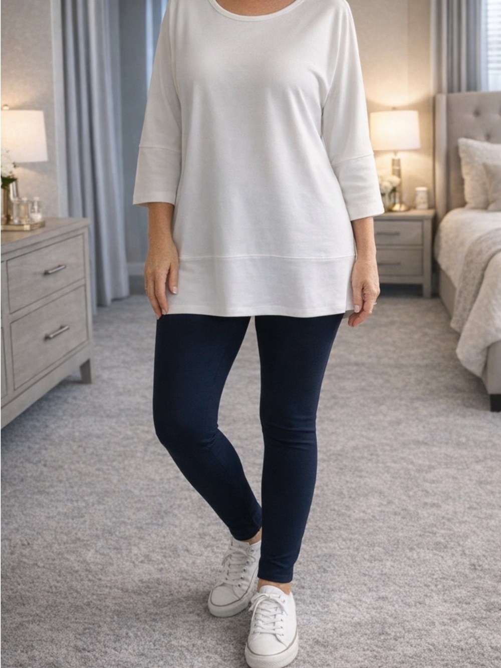 Casual White SPANX Tunic Top with Dolman Sleeves.